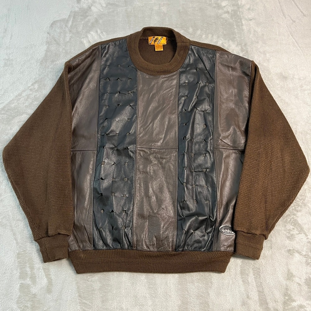 Vintage Trutus Biancarra Leather Knit Sweater Mens XXL Brown Black Mixed Media